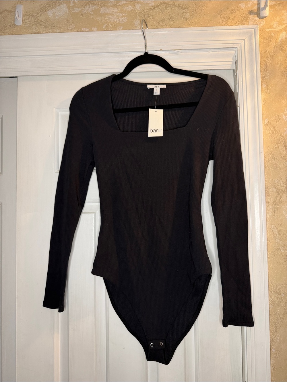 Bar III Black Ribbed Long-Sleeve Square Neck Bodysuit